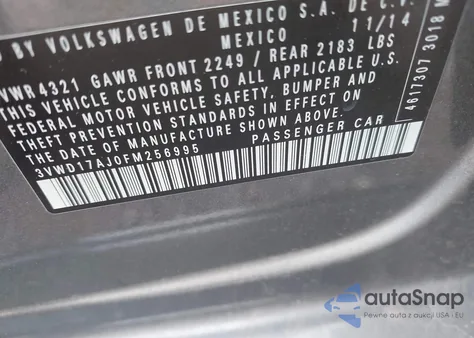 2015 Volkswagen Jetta 1.8T Se из США, поврежденный, VIN 3VWD17AJ0FM256995